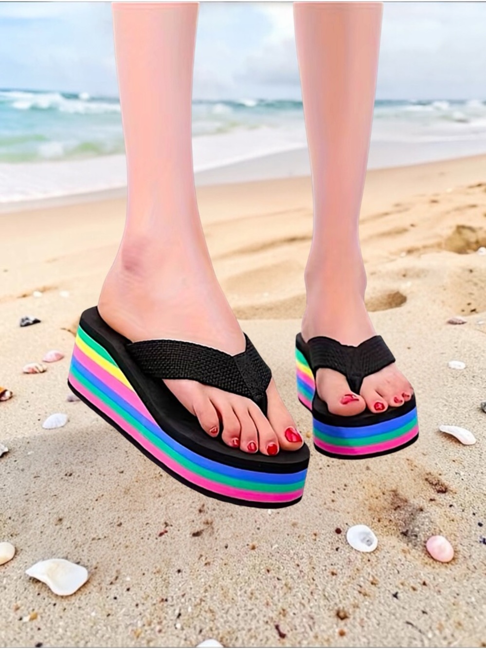 Women’s Black Rainbow Platform Flip Flops - Stylish Summer Sandals - Picture 2 of 4